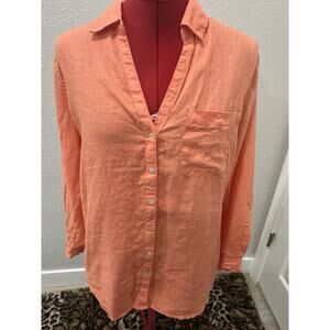 Orange Linen Blend Button Up Shirt Relaxed Fit Long Sleeve Casual Top